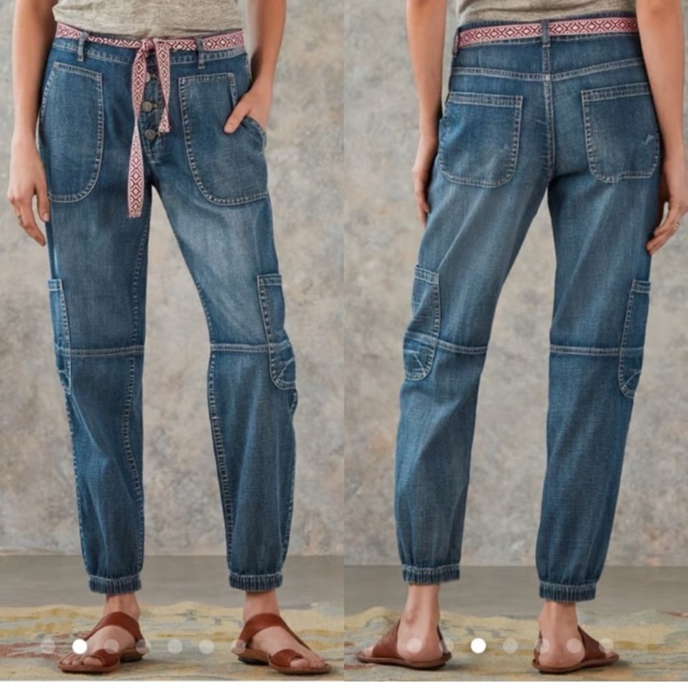 Sundance Jolienne Women’s Demin Joggers Cargo Button Blue Cotton Relaxed Sz 12
